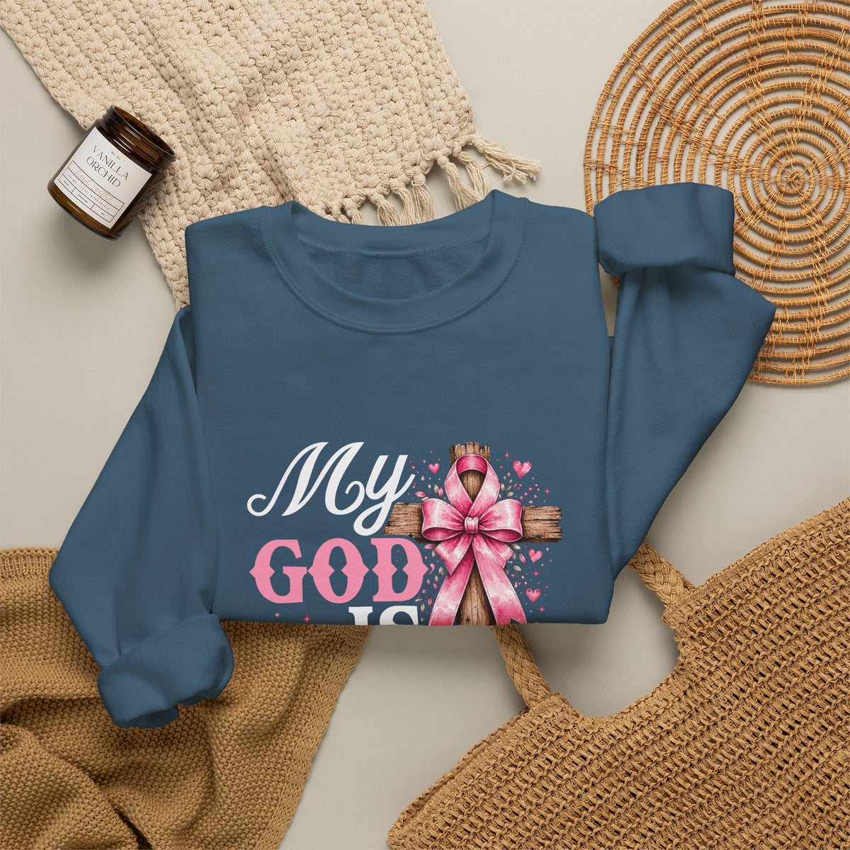 My God Is Bigger Than Cancer Breast Cancer Awareness Crewneck Sweatshirt