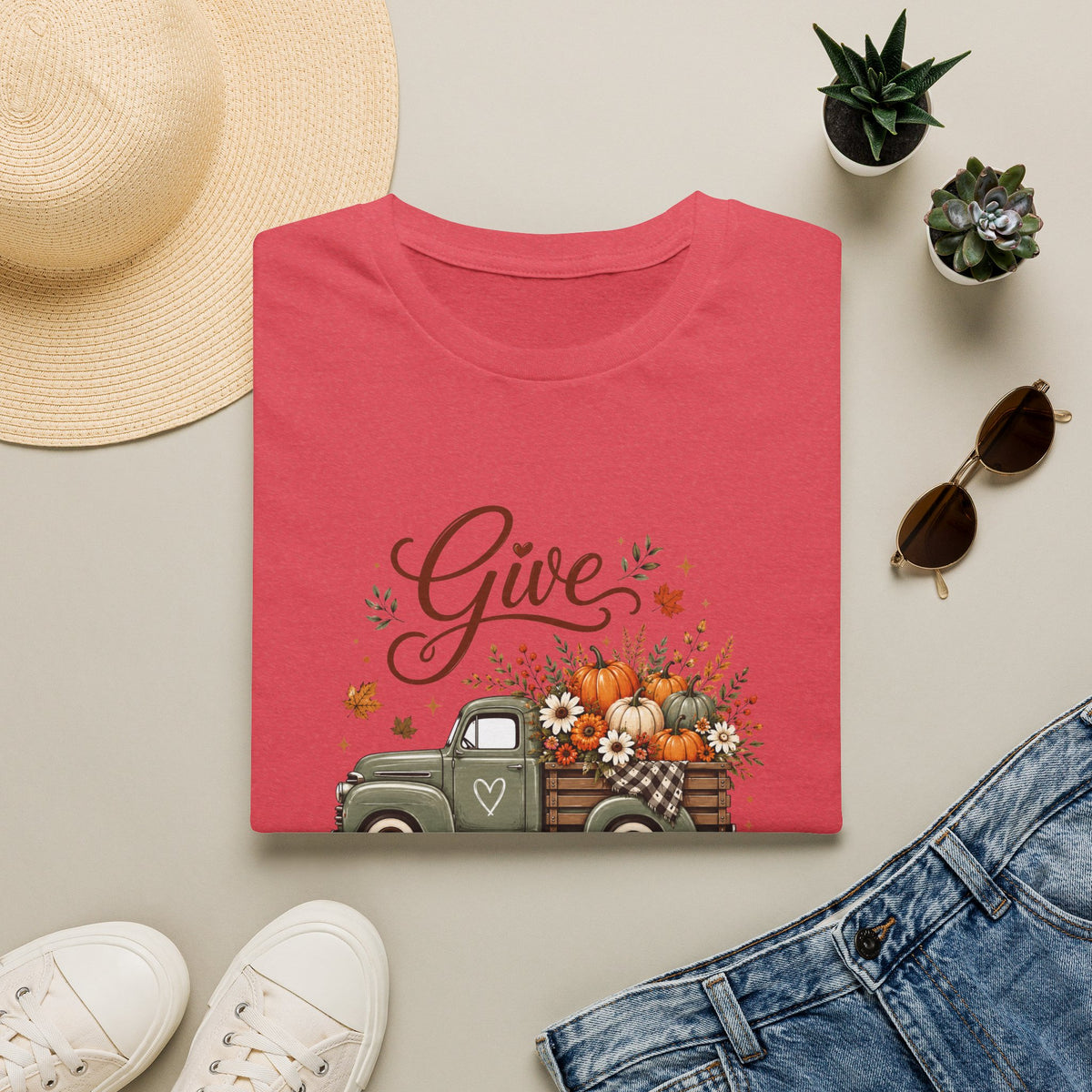 Give Thanks Fall Truck T-Shirt — Pumpkin Harvest Autumn Tee