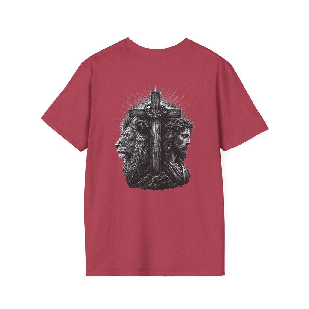 Cross Lion and Jesus Back Print T-Shirt — Wood Cross Chest Christian Faith Graphic