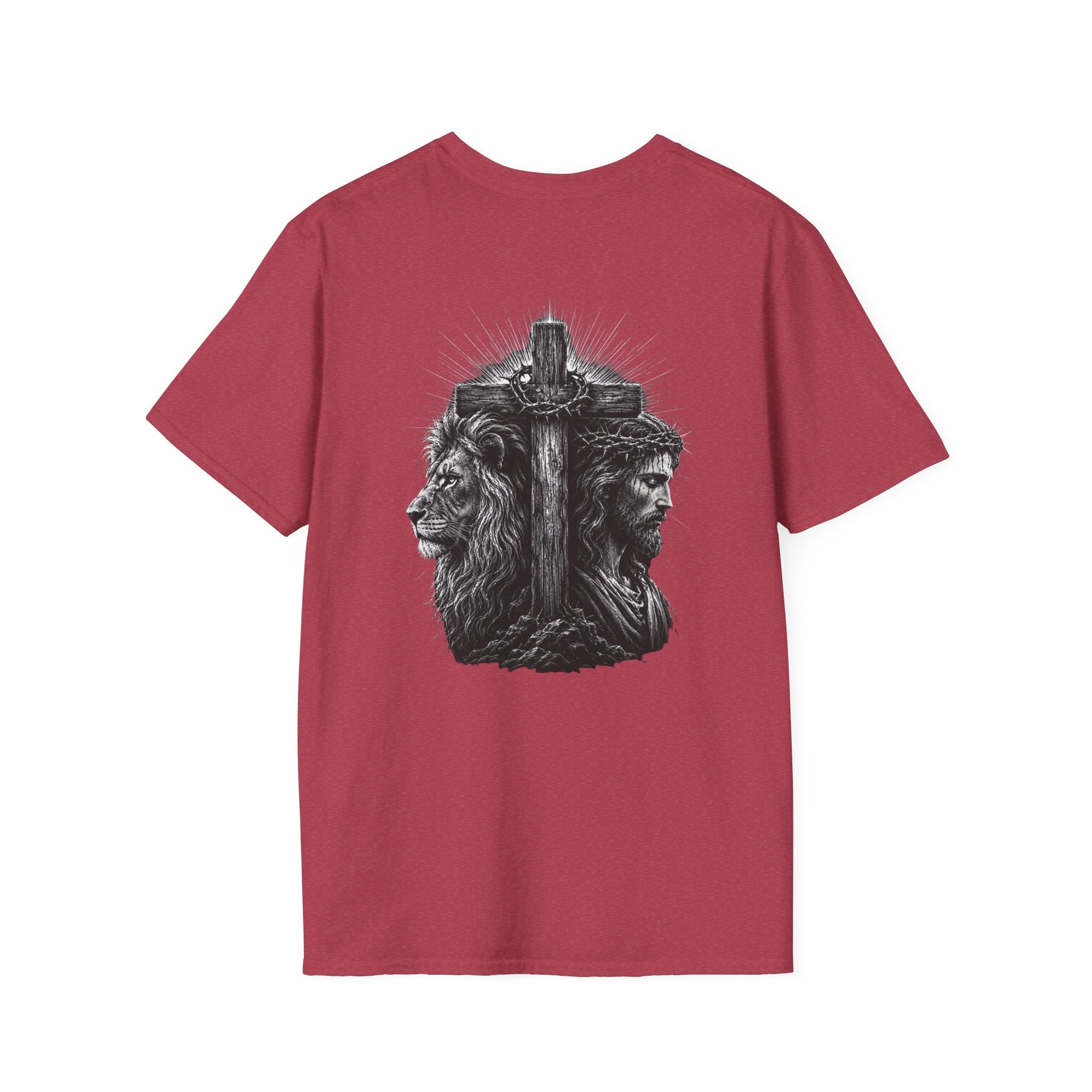 Cross Lion and Jesus Back Print T-Shirt — Wood Cross Chest Christian Faith Graphic