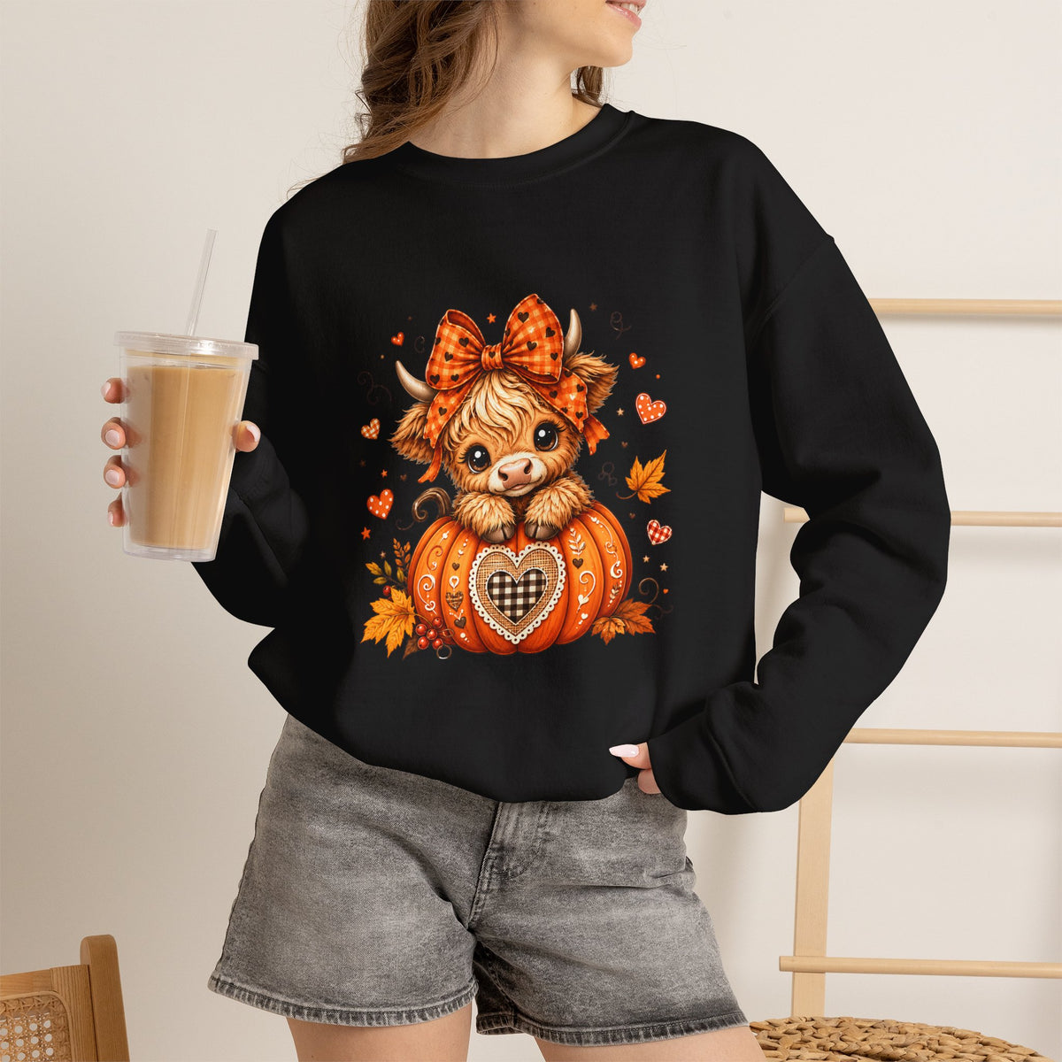 Cute Highland Cow Pumpkin Halloween Sweatshirt