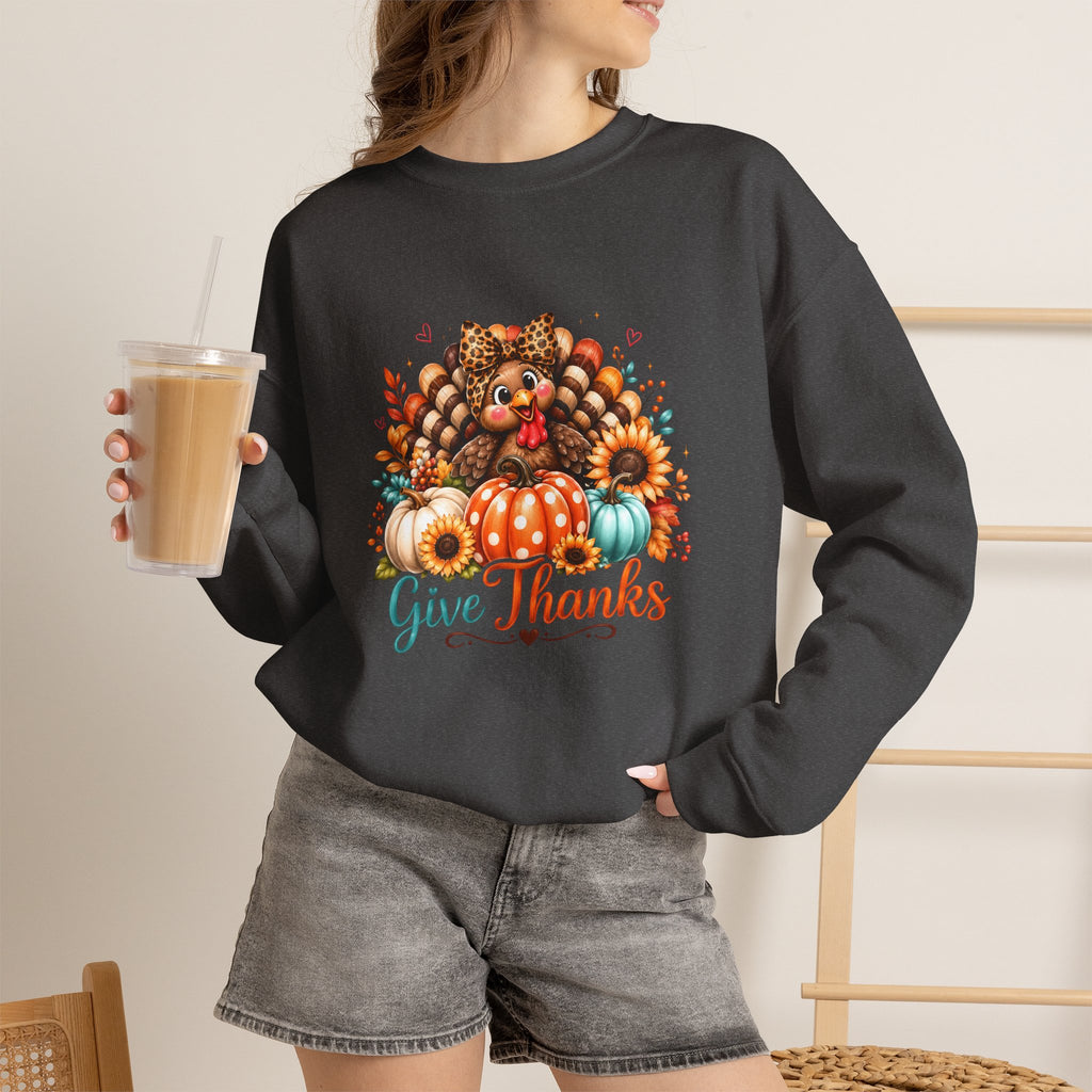 Sweatshirt — "Give Thanks" Autumn Turkey & Pumpkin Thanksgiving Crewneck