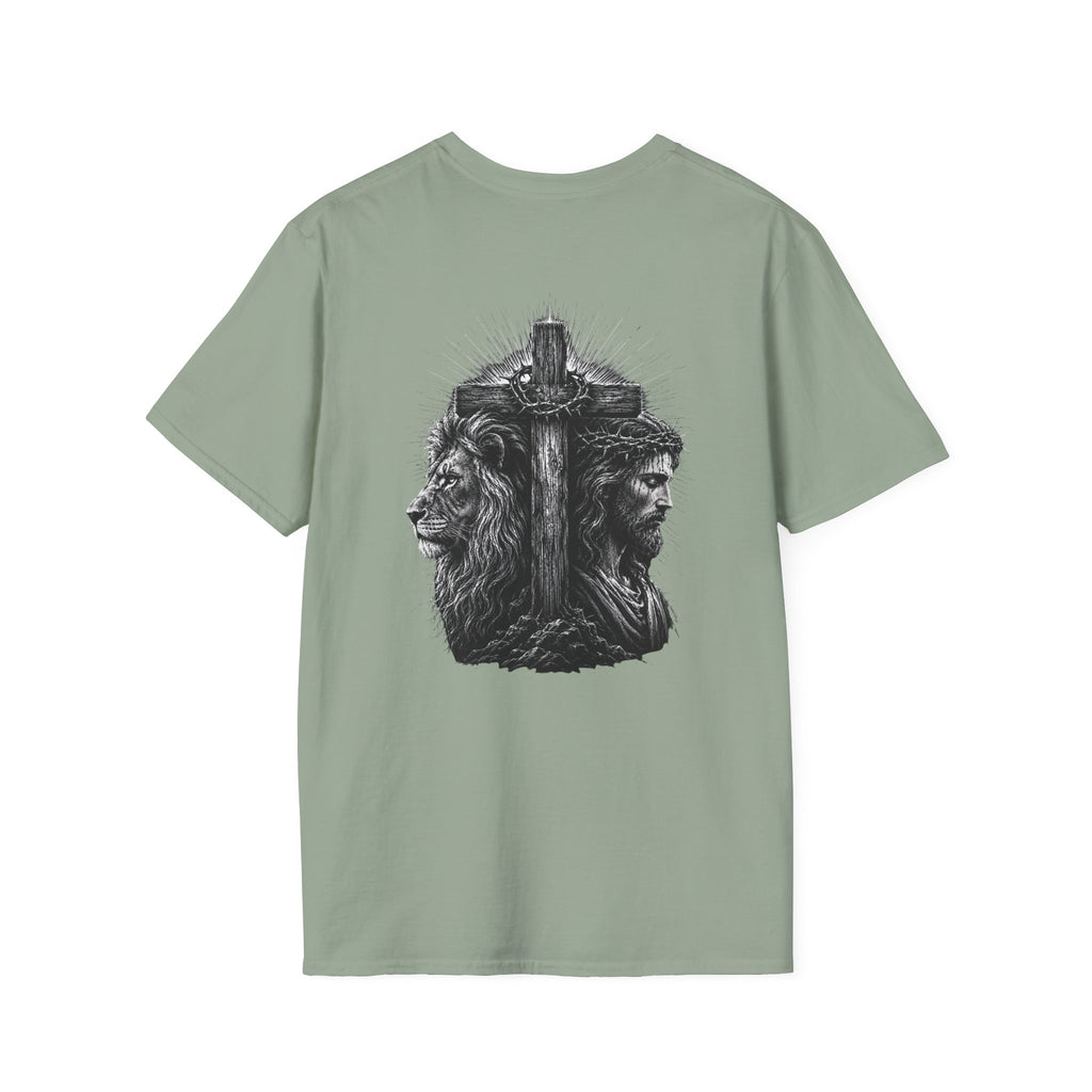 Cross Lion and Jesus Back Print T-Shirt — Wood Cross Chest Christian Faith Graphic