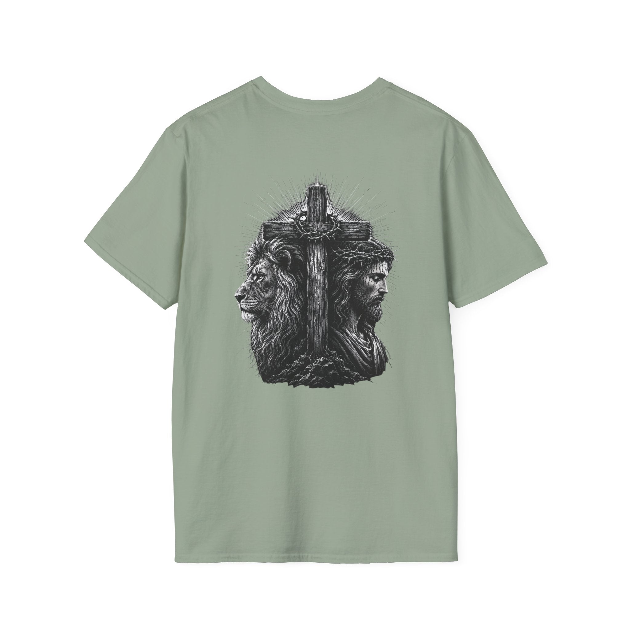 Cross Lion and Jesus Back Print T-Shirt — Wood Cross Chest Christian Faith Graphic
