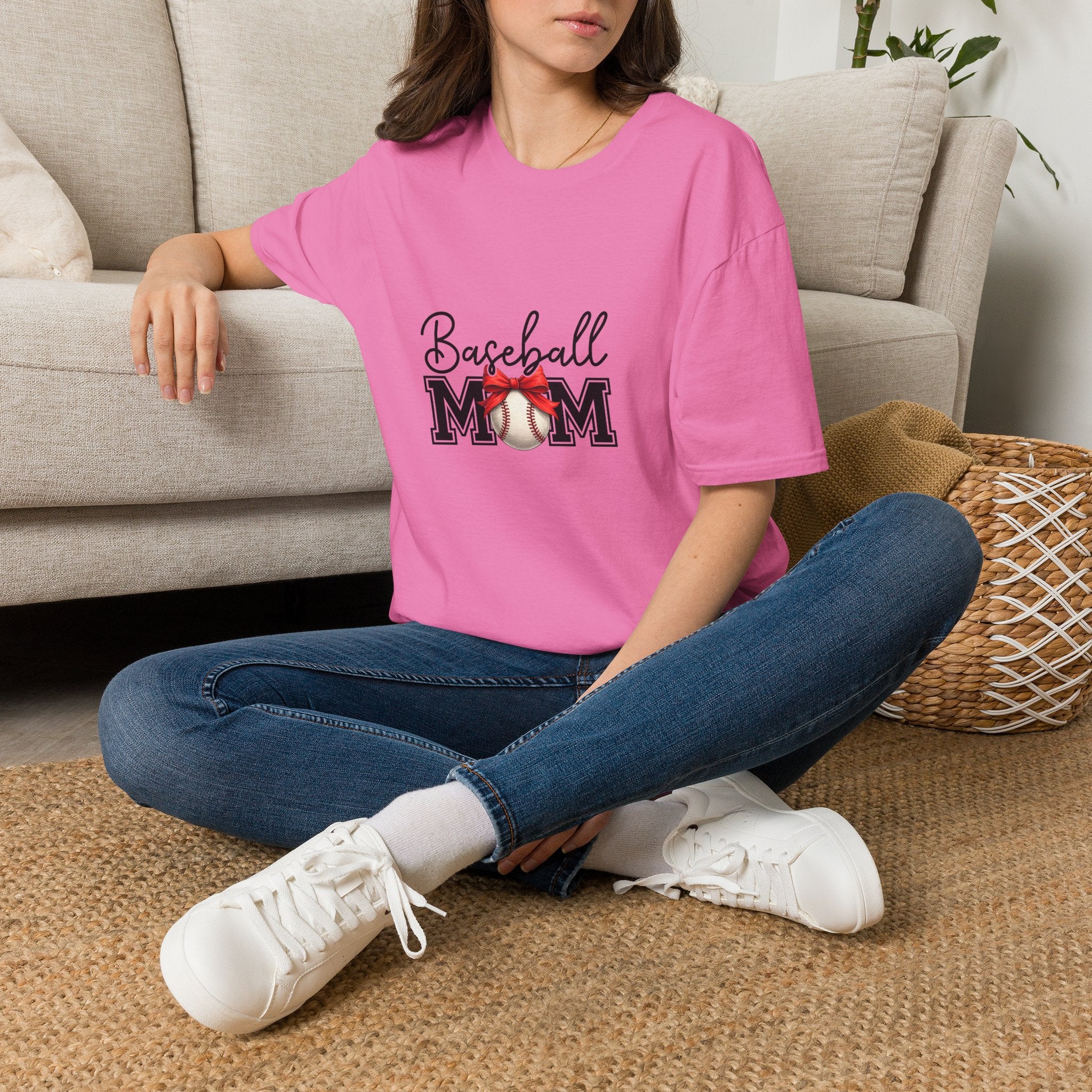 Baseball Mom T-Shirt — Cute Red Bow Gift for Sports Moms Game Day Graphic Tee