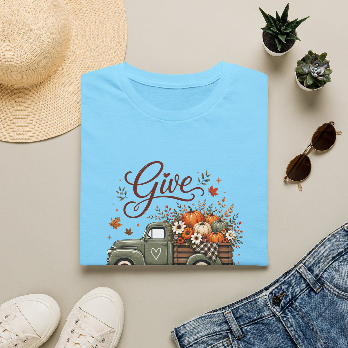 Give Thanks Fall Truck T-Shirt — Pumpkin Harvest Autumn Tee