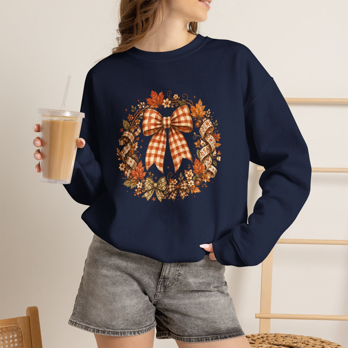 Cozy Autumn Plaid Bow Wreath Crewneck Sweatshirt
