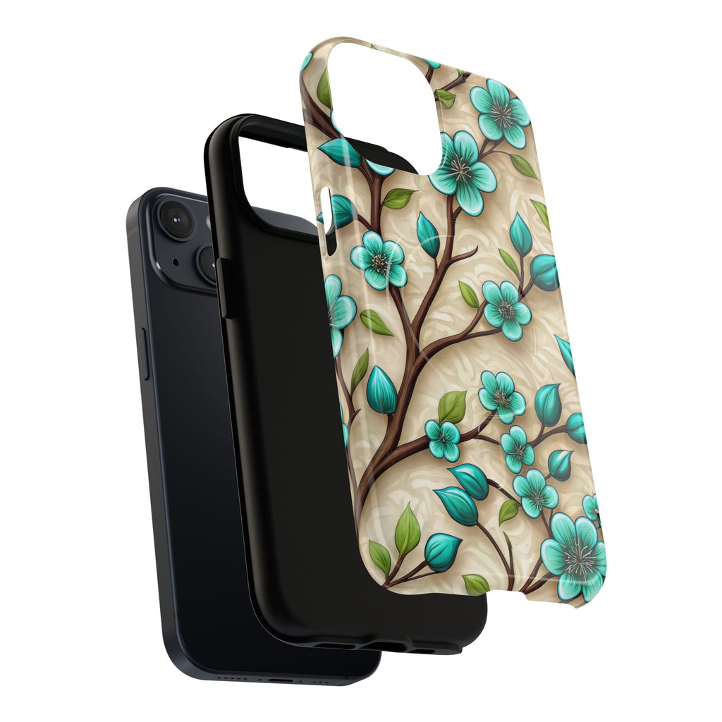 Floral Teal Blossom Tough Magnetic iPhone Case — MagSafe Protective Cover