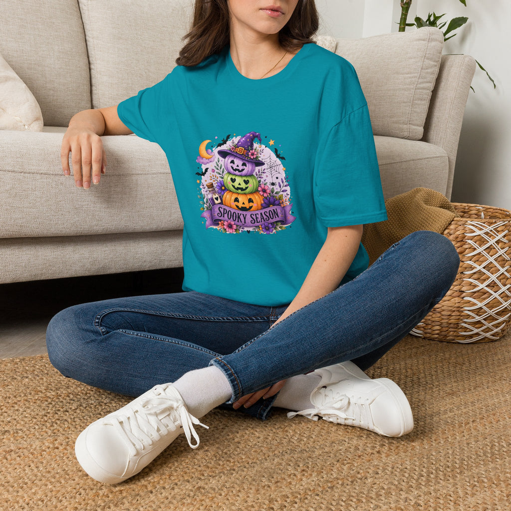 Spooky Season Pumpkin Stack T-Shirt — Cute Halloween Gift for Women Witch Hat Tee