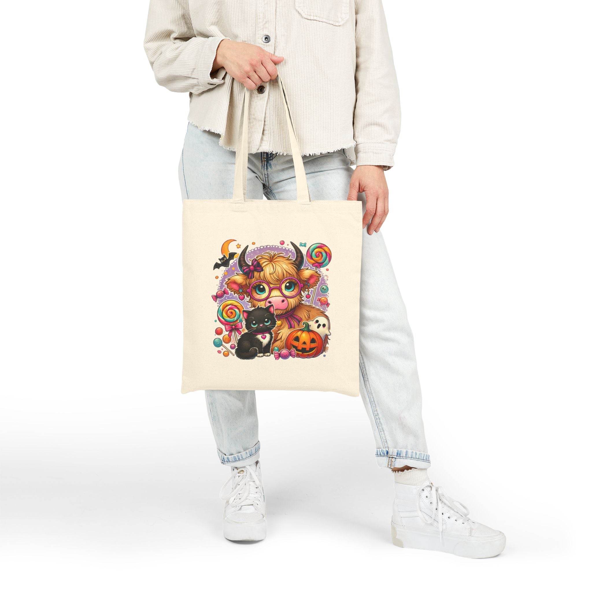 Halloween Cow Costume Canvas Tote Bag — Cute Funny Gift for Her Pumpkin & Cat Shopper