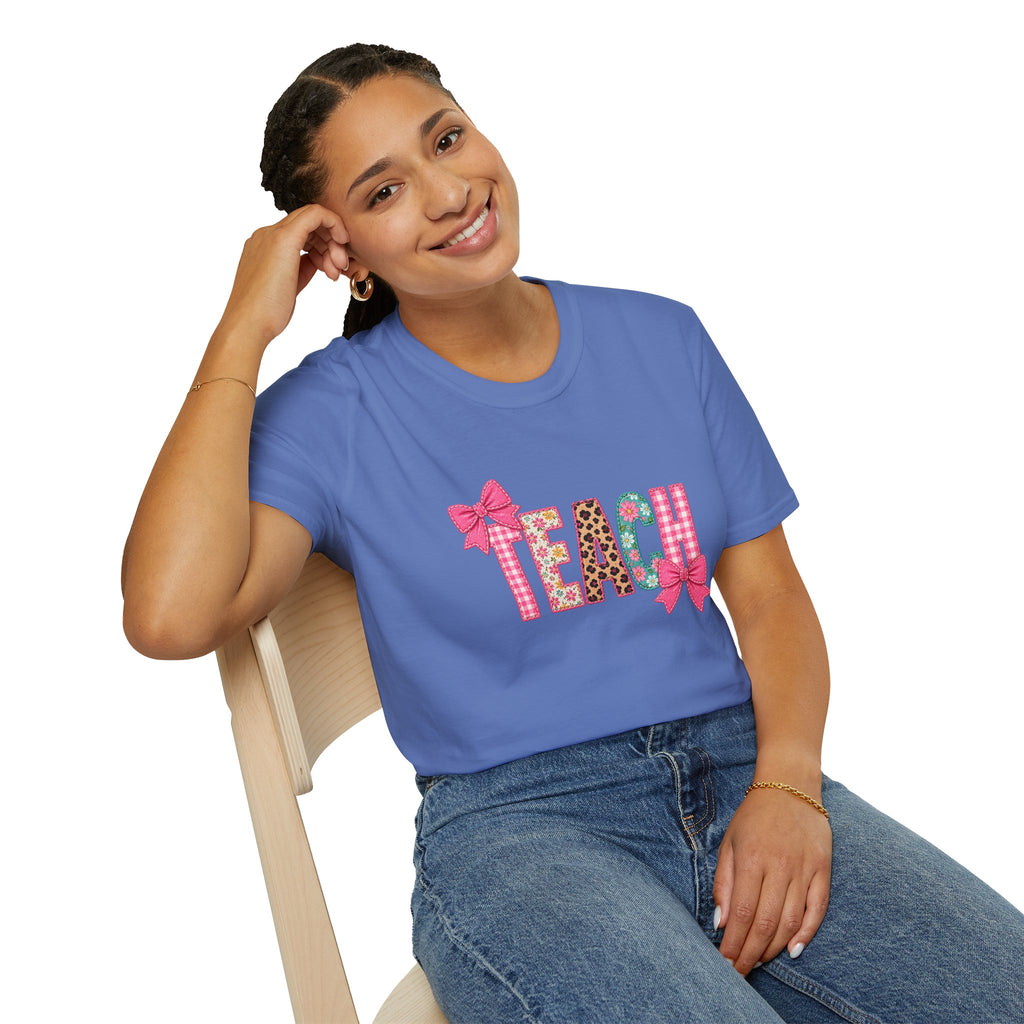 Floral Leopard TEACH T-Shirt — Cute Back-to-School Gift for Teachers Pink Bow Tee