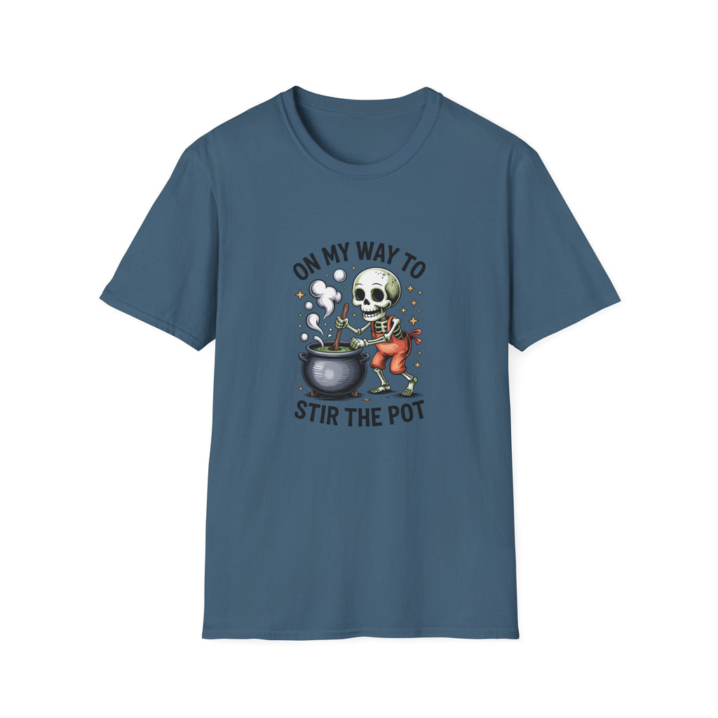 On My Way to Stir the Pot Skeleton T-Shirt — Funny Halloween Gift for Women