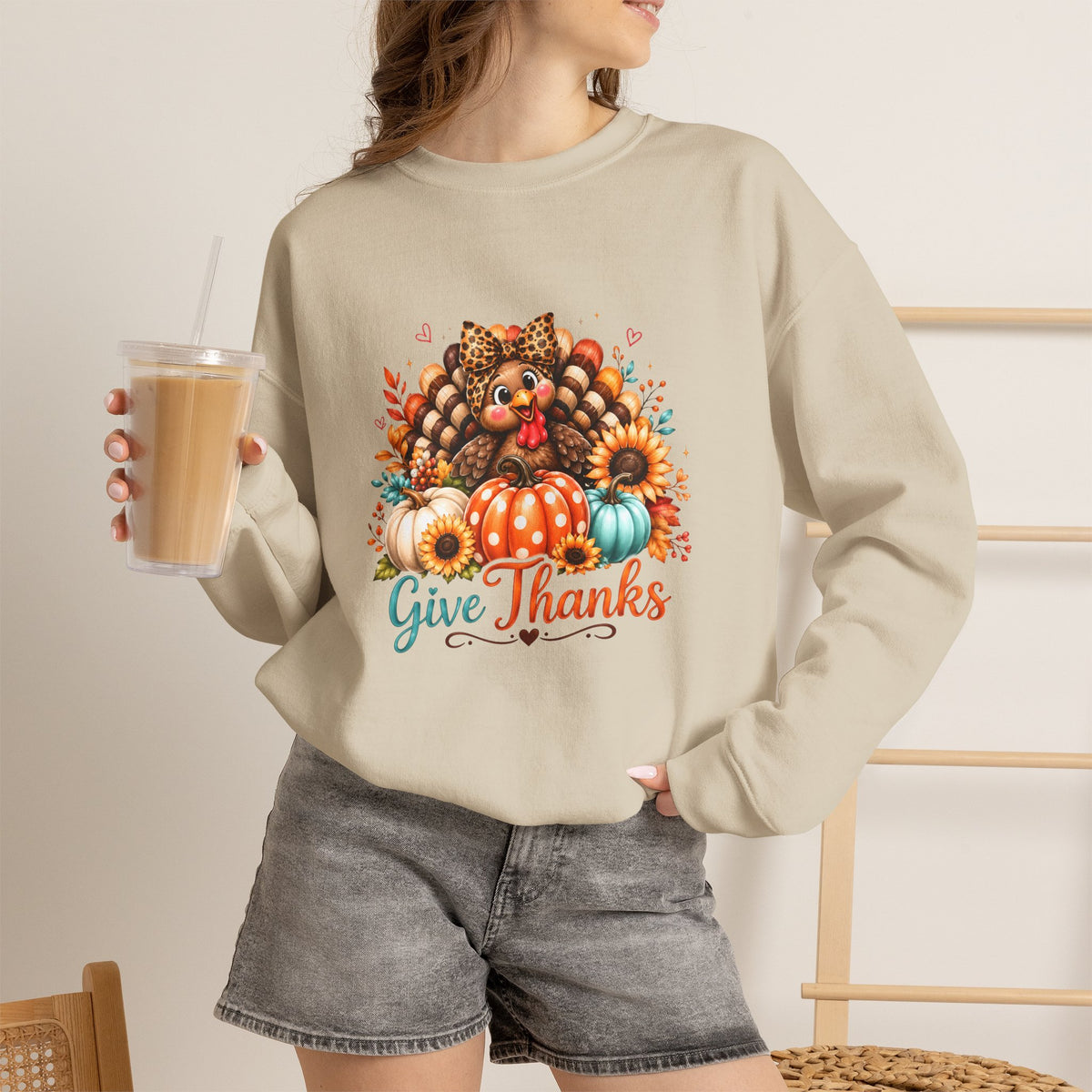 Sweatshirt — "Give Thanks" Autumn Turkey & Pumpkin Thanksgiving Crewneck