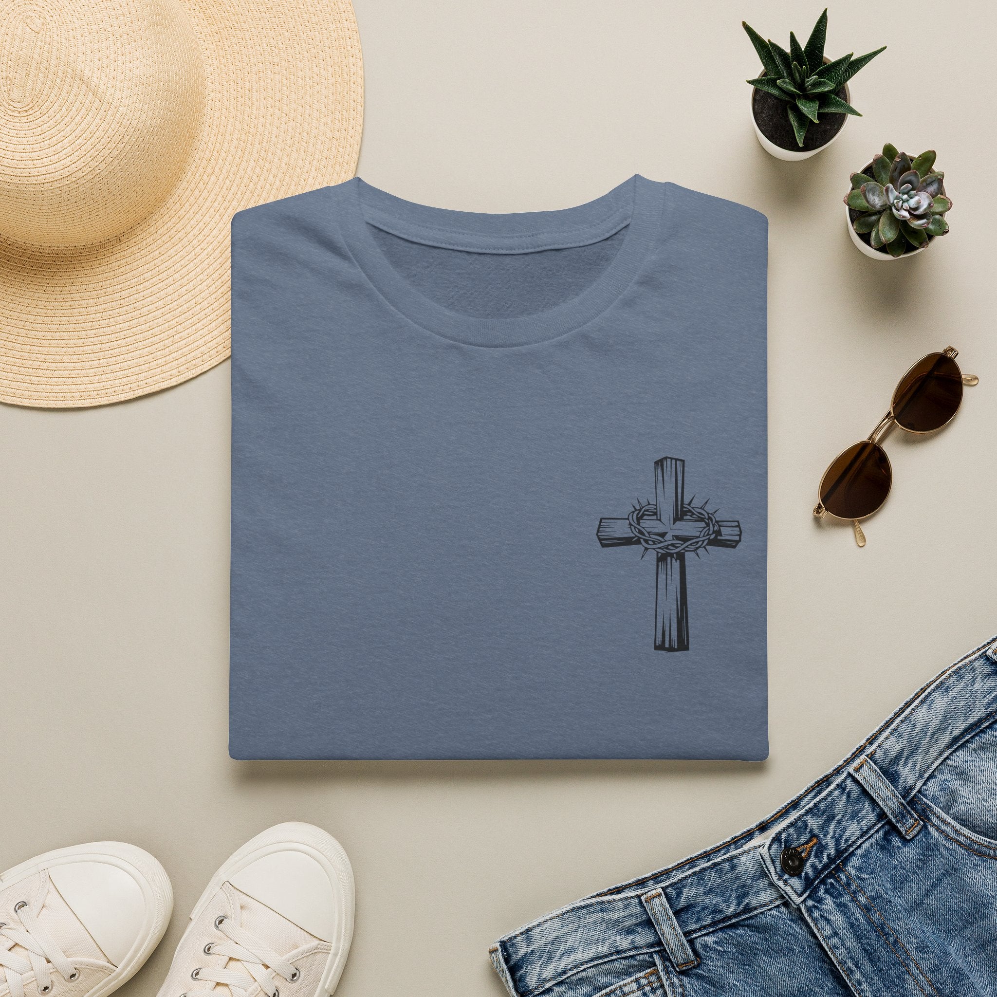 Cross Lion and Jesus Back Print T-Shirt — Wood Cross Chest Christian Faith Graphic