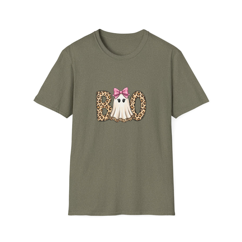 Boo Leopard Ghost T-Shirt — Cute Pink Bow Halloween Gift for Women Graphic Tee