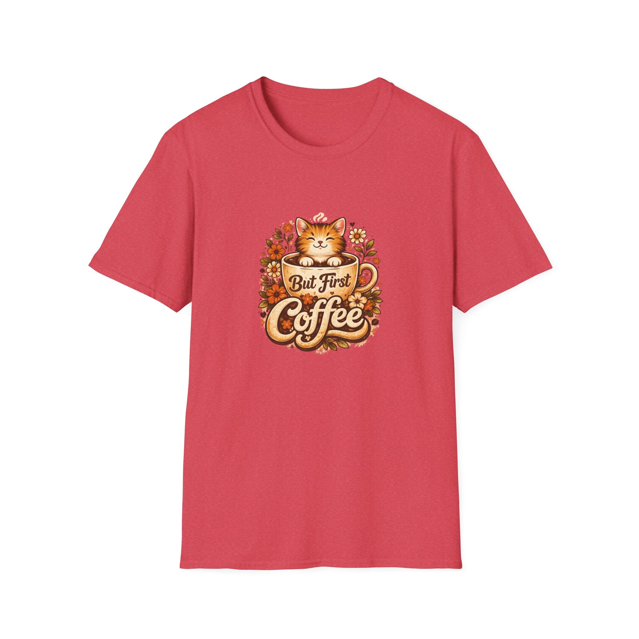 But First Coffee Cat T-Shirt — Cute Floral Gift for Coffee Lovers Women's Tee