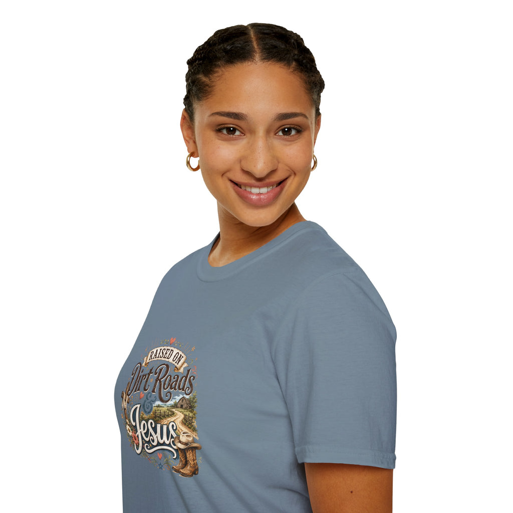 Raised on Dirt Roads & Jesus T-Shirt — Rustic Christian Gift for Women Faith Tee