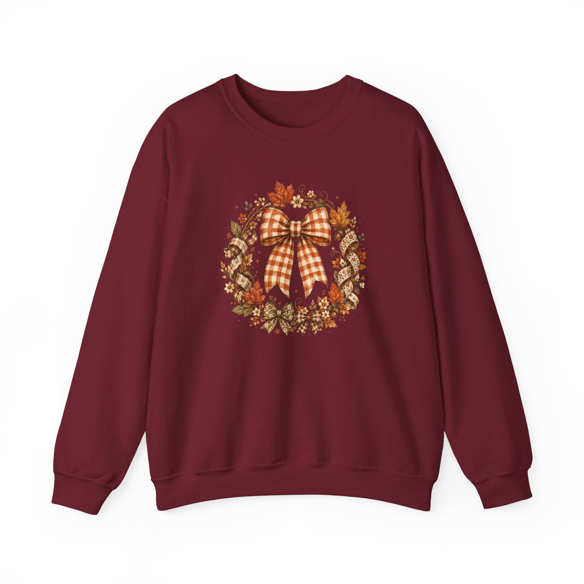 Cozy Autumn Plaid Bow Wreath Crewneck Sweatshirt