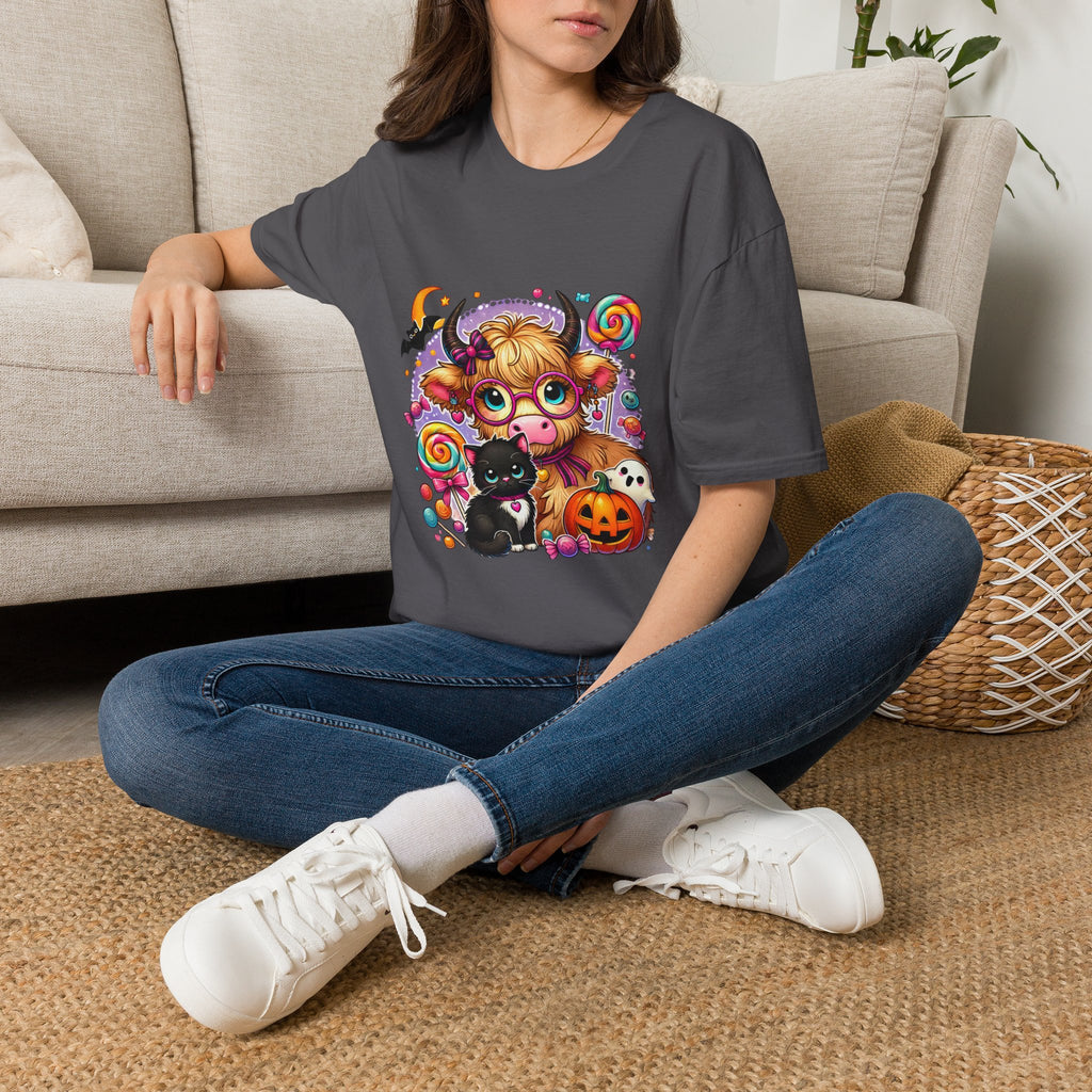 Cute Halloween Cow T-Shirt — Funny Gift for Her Candy Pumpkins & Kitty Costume Tee