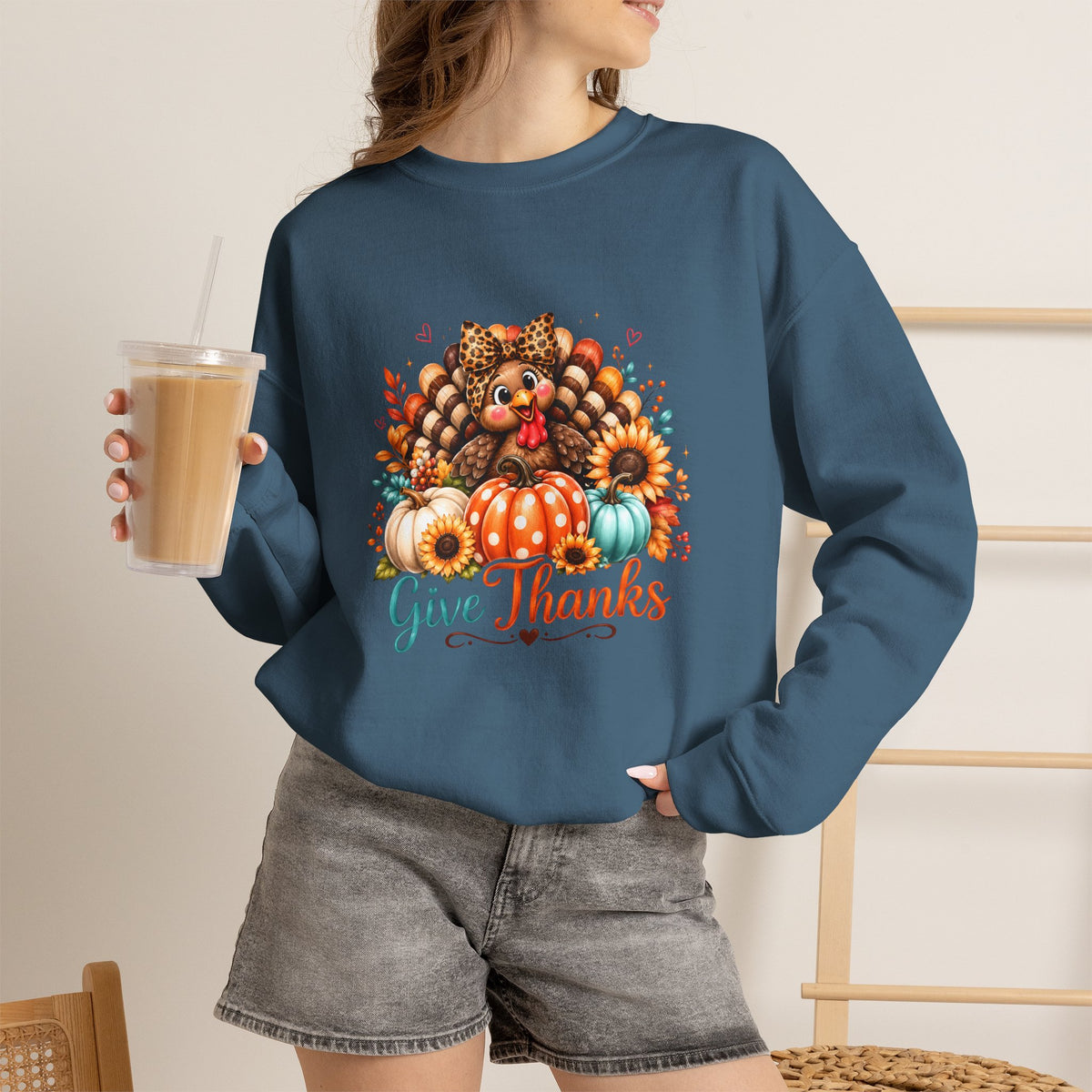 Sweatshirt — "Give Thanks" Autumn Turkey & Pumpkin Thanksgiving Crewneck