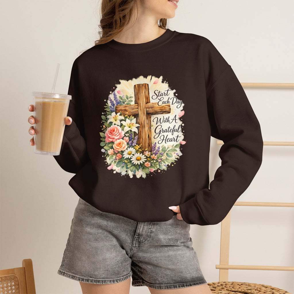 Christian Crewneck Sweatshirt — "Start Each Day with a Grateful Heart" Floral Cross