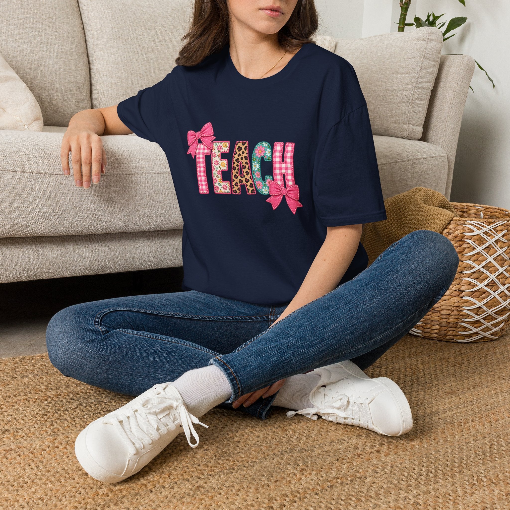 Floral Leopard TEACH T-Shirt — Cute Back-to-School Gift for Teachers Pink Bow Tee