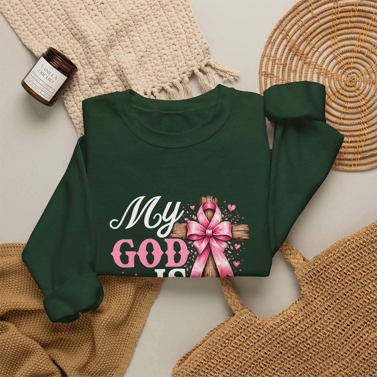 My God Is Bigger Than Cancer Breast Cancer Awareness Crewneck Sweatshirt