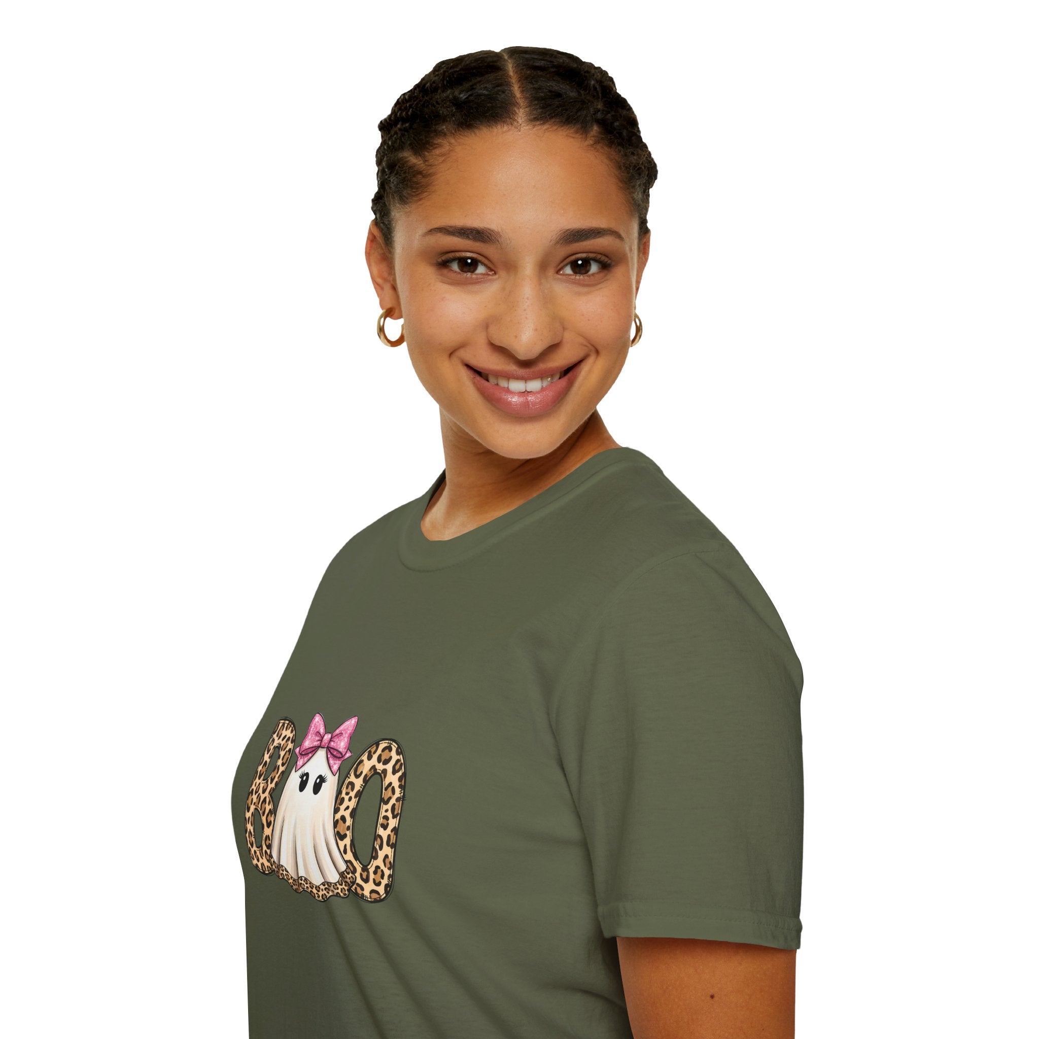 Boo Leopard Ghost T-Shirt — Cute Pink Bow Halloween Gift for Women Graphic Tee