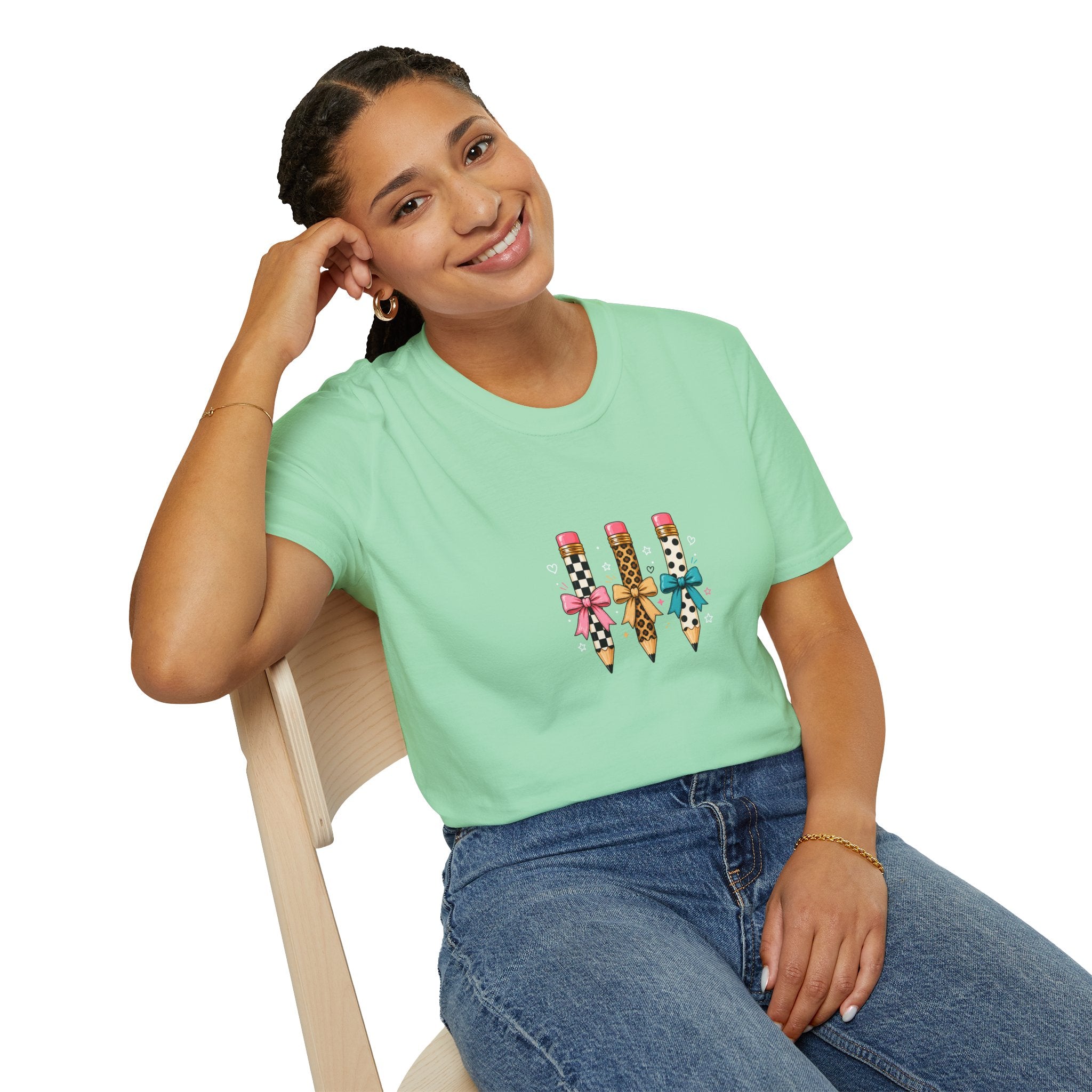Pencil Trio Graphic T-Shirt — Cute Patterned Pencils with Bows