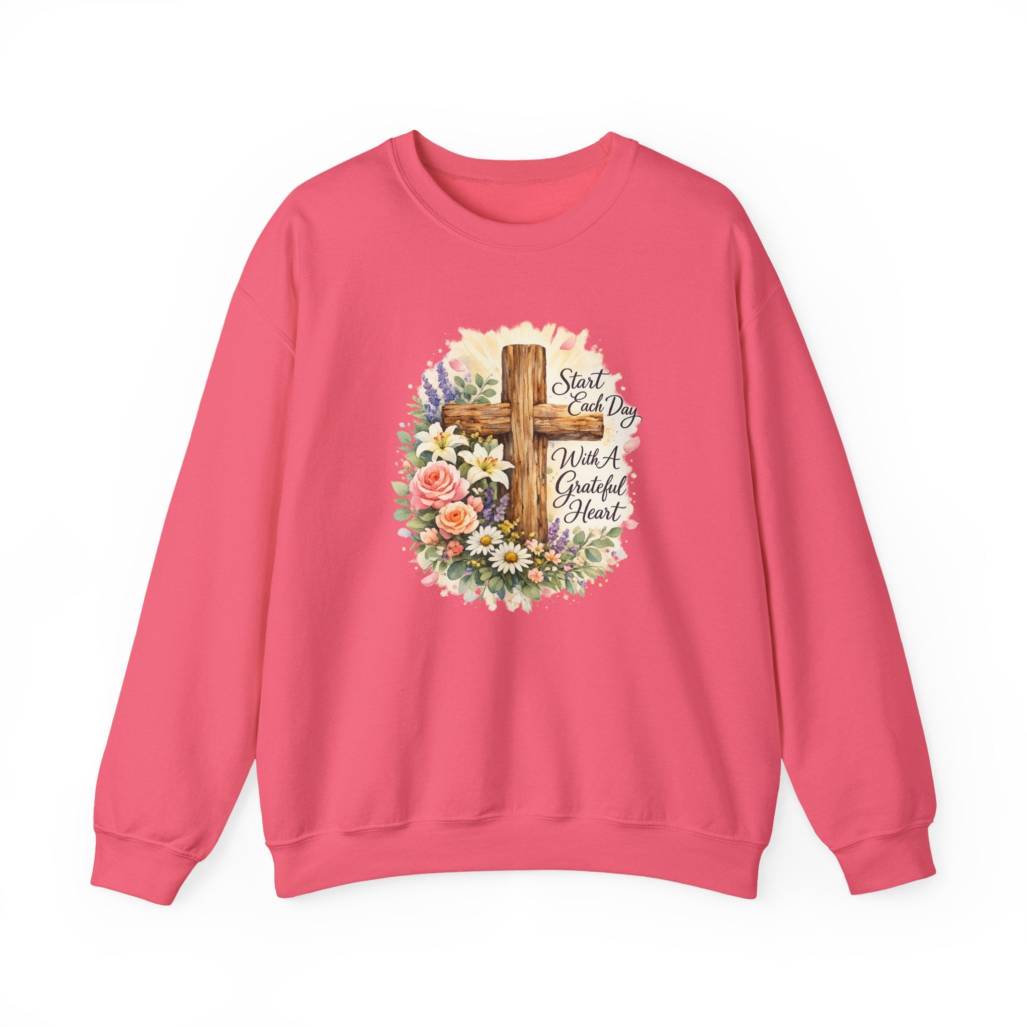Christian Crewneck Sweatshirt — "Start Each Day with a Grateful Heart" Floral Cross