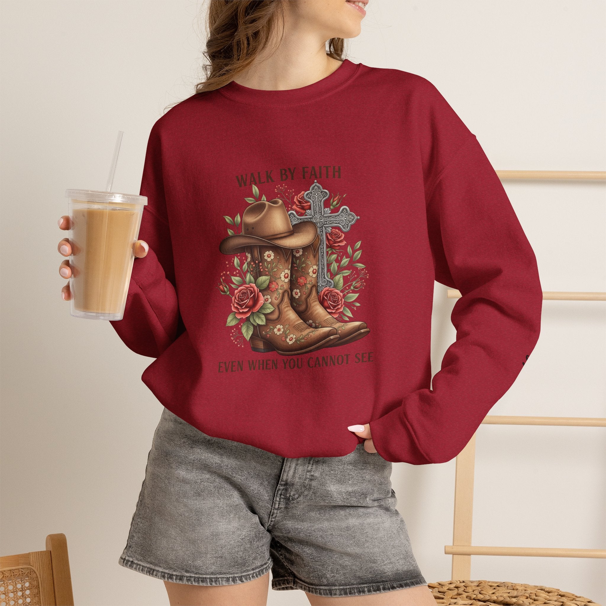 Faith Cowboy Boots Sweatshirt — "Walk by Faith, Even When You Cannot See" Christian Crewneck