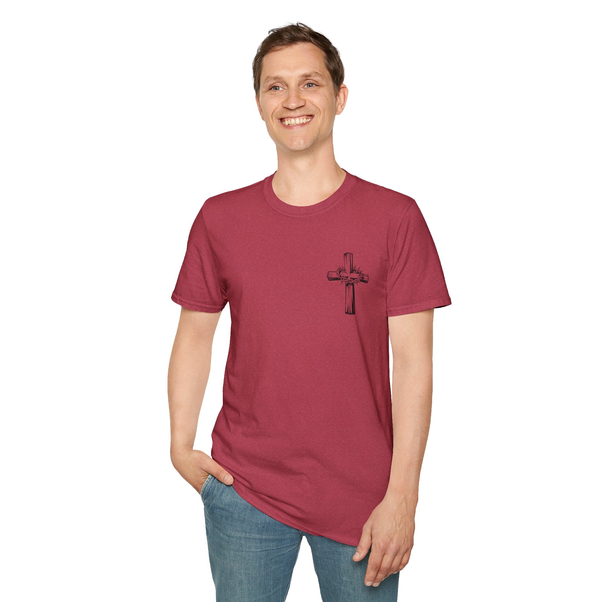 Cross Lion and Jesus Back Print T-Shirt — Wood Cross Chest Christian Faith Graphic