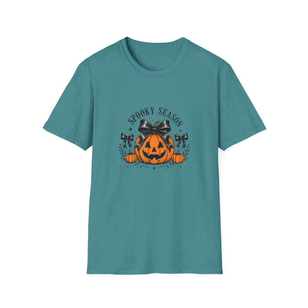 Spooky Season Jack-O'-Lantern Bow T-Shirt — Cute Halloween Gift for Women Graphic Tee