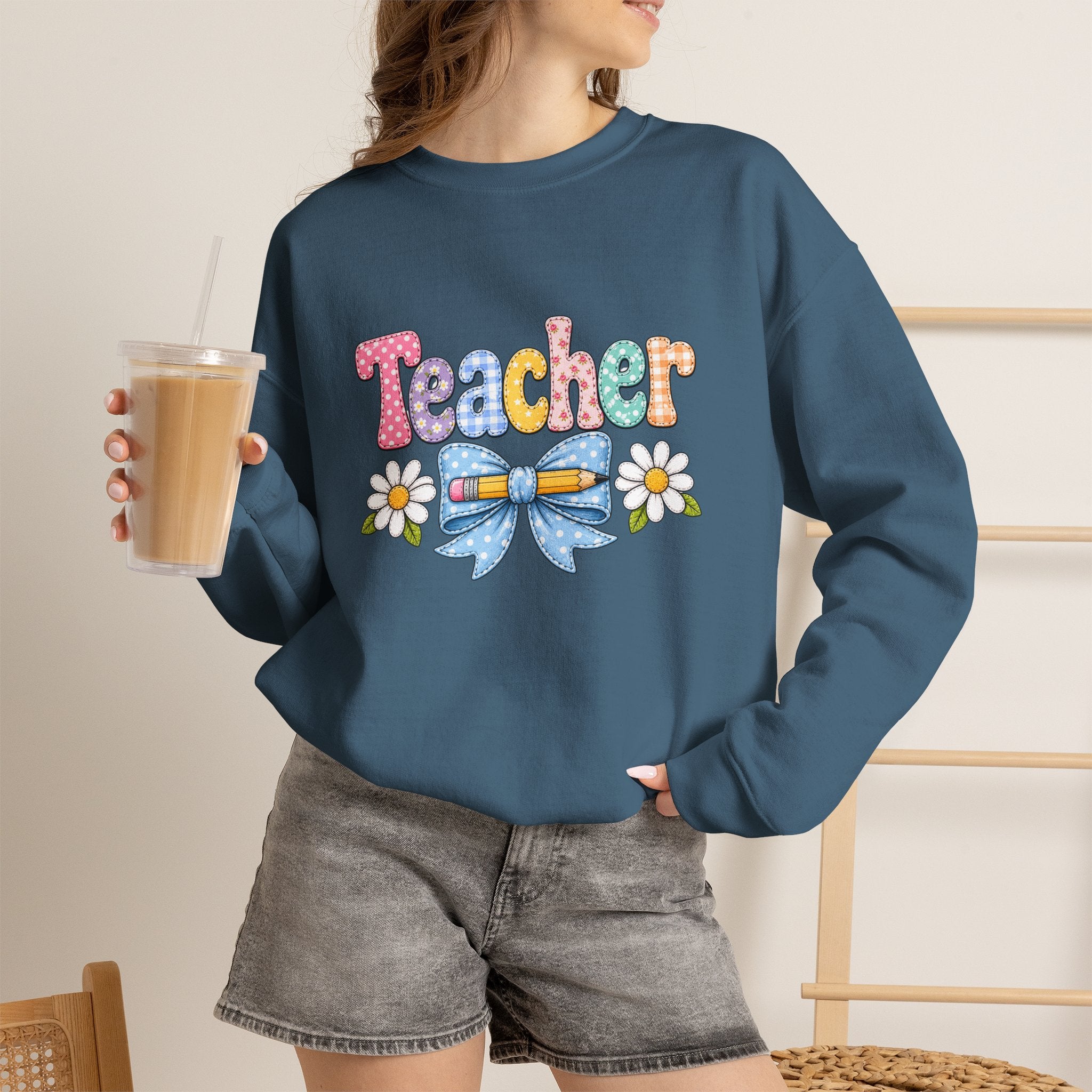 Teacher Floral Bow Sweatshirt — Cute Pastel Gift for Teachers Appreciation Crewneck