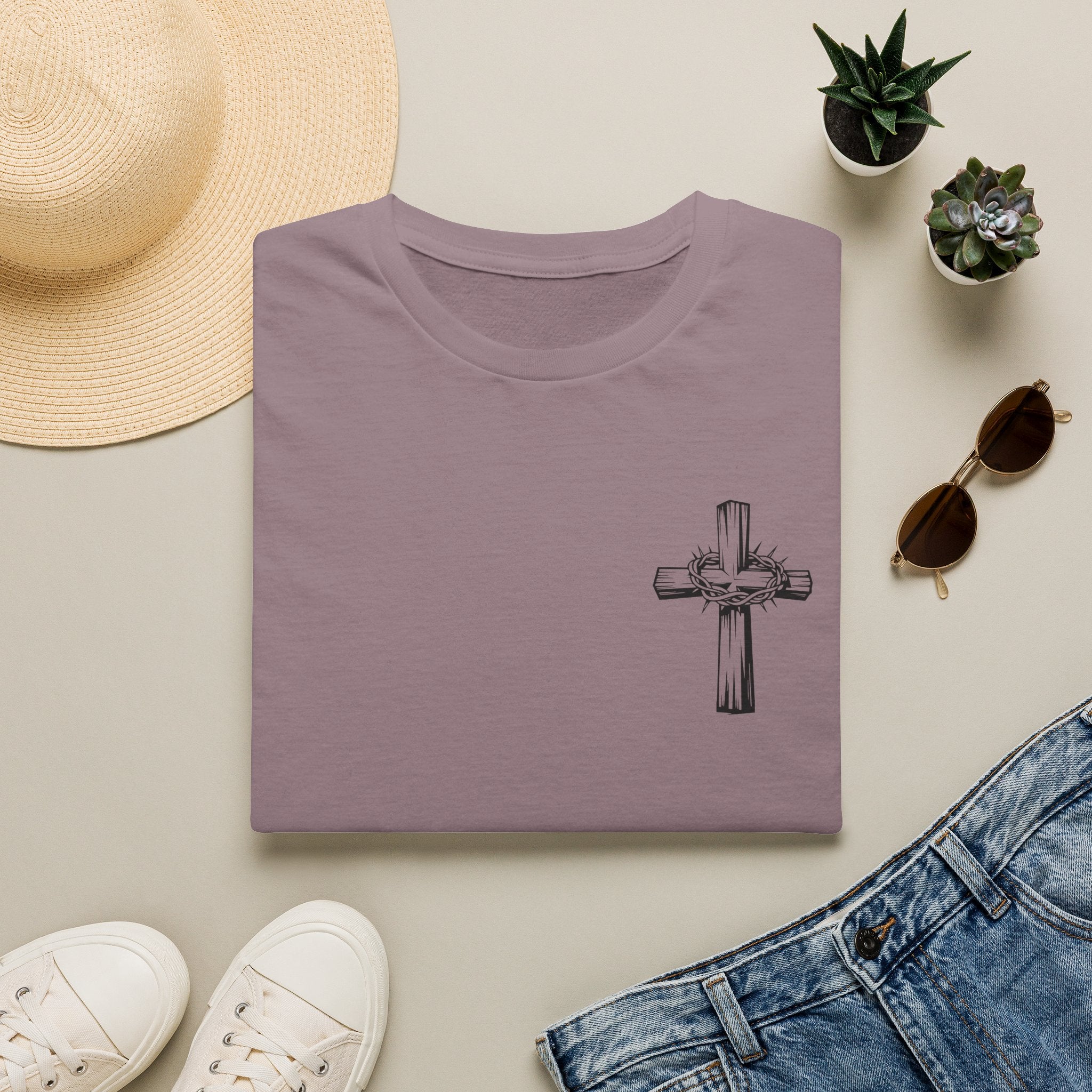 Cross Lion and Jesus Back Print T-Shirt — Wood Cross Chest Christian Faith Graphic