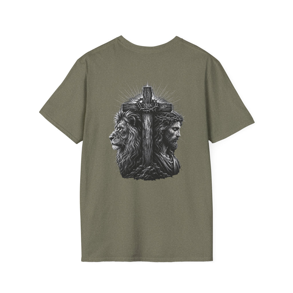 Cross Lion and Jesus Back Print T-Shirt — Wood Cross Chest Christian Faith Graphic