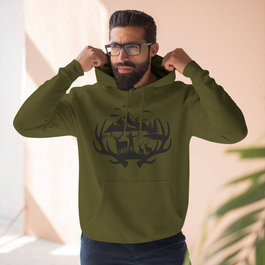 Deer Antler Mountain Hoodie — Rustic Outdoor Gift for Him Wildlife Graphic Pullover