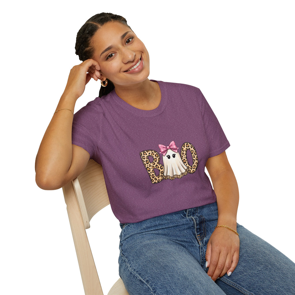 Boo Leopard Ghost T-Shirt — Cute Pink Bow Halloween Gift for Women Graphic Tee