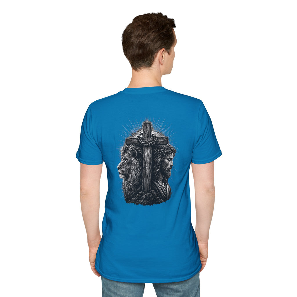 Cross Lion and Jesus Back Print T-Shirt — Wood Cross Chest Christian Faith Graphic