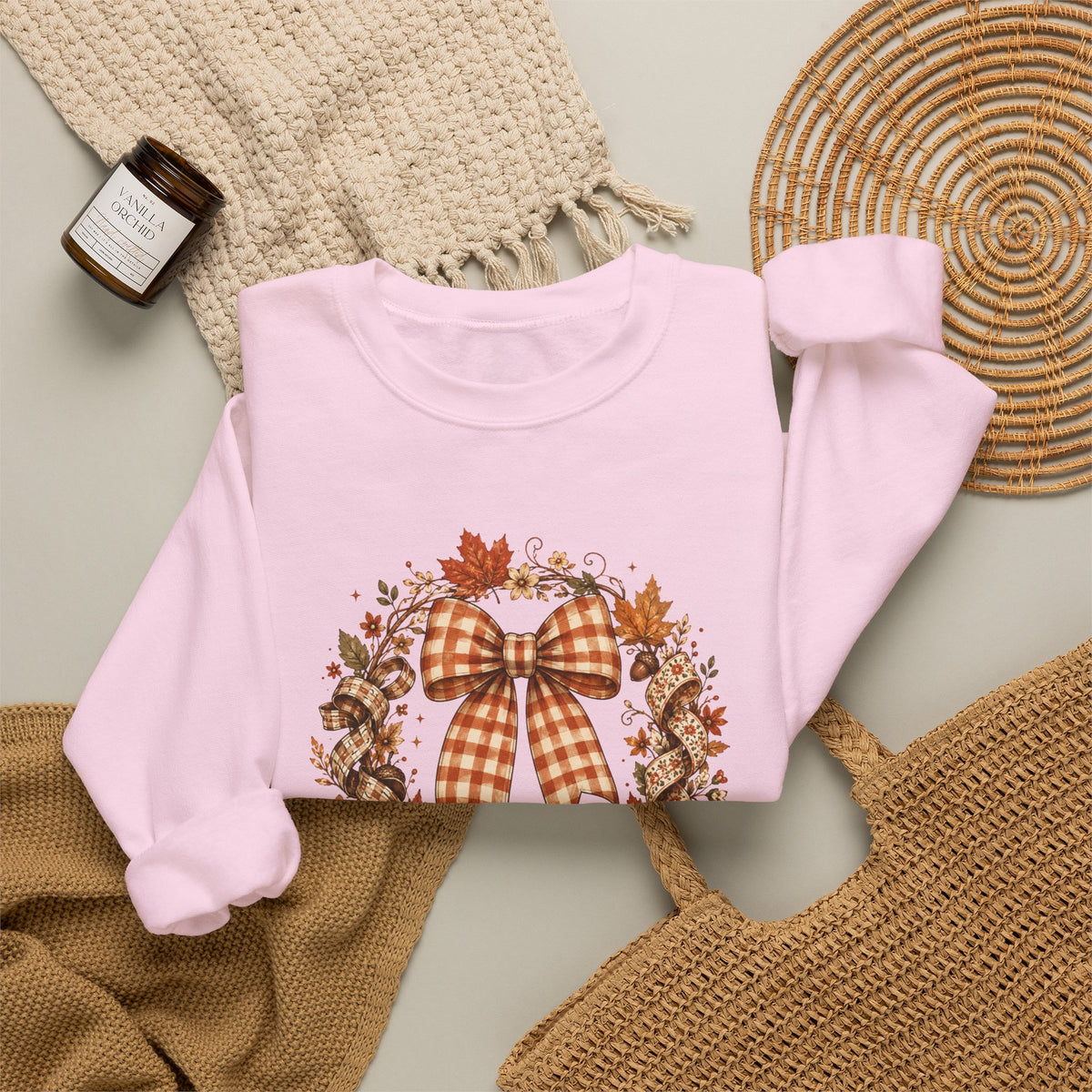 Cozy Autumn Plaid Bow Wreath Crewneck Sweatshirt