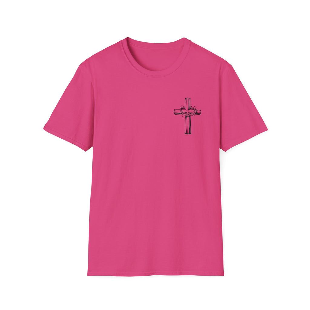Cross Lion and Jesus Back Print T-Shirt — Wood Cross Chest Christian Faith Graphic