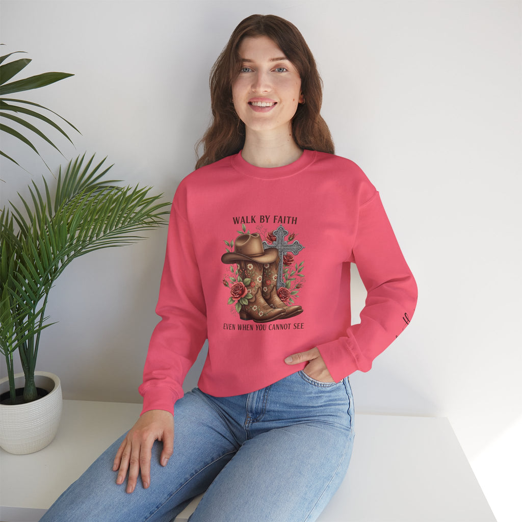 Faith Cowboy Boots Sweatshirt — "Walk by Faith, Even When You Cannot See" Christian Crewneck