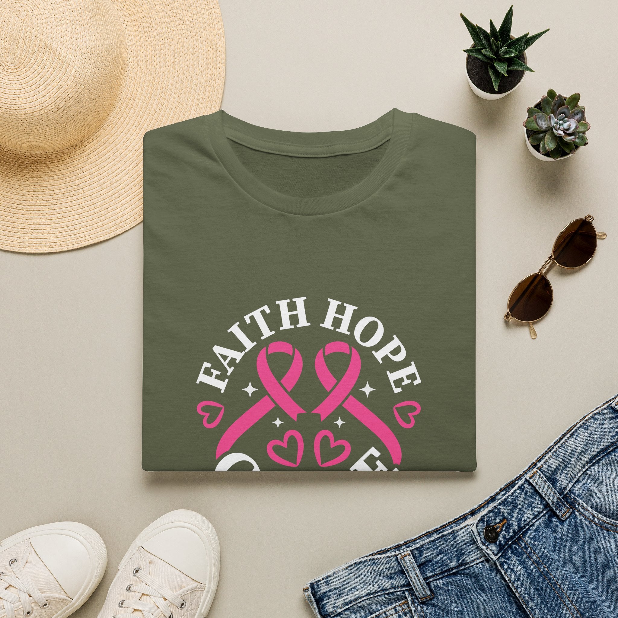 Faith Hope Cure Breast Cancer Awareness T-Shirt — Pink Ribbon Gift for Her Support Graphic Tee