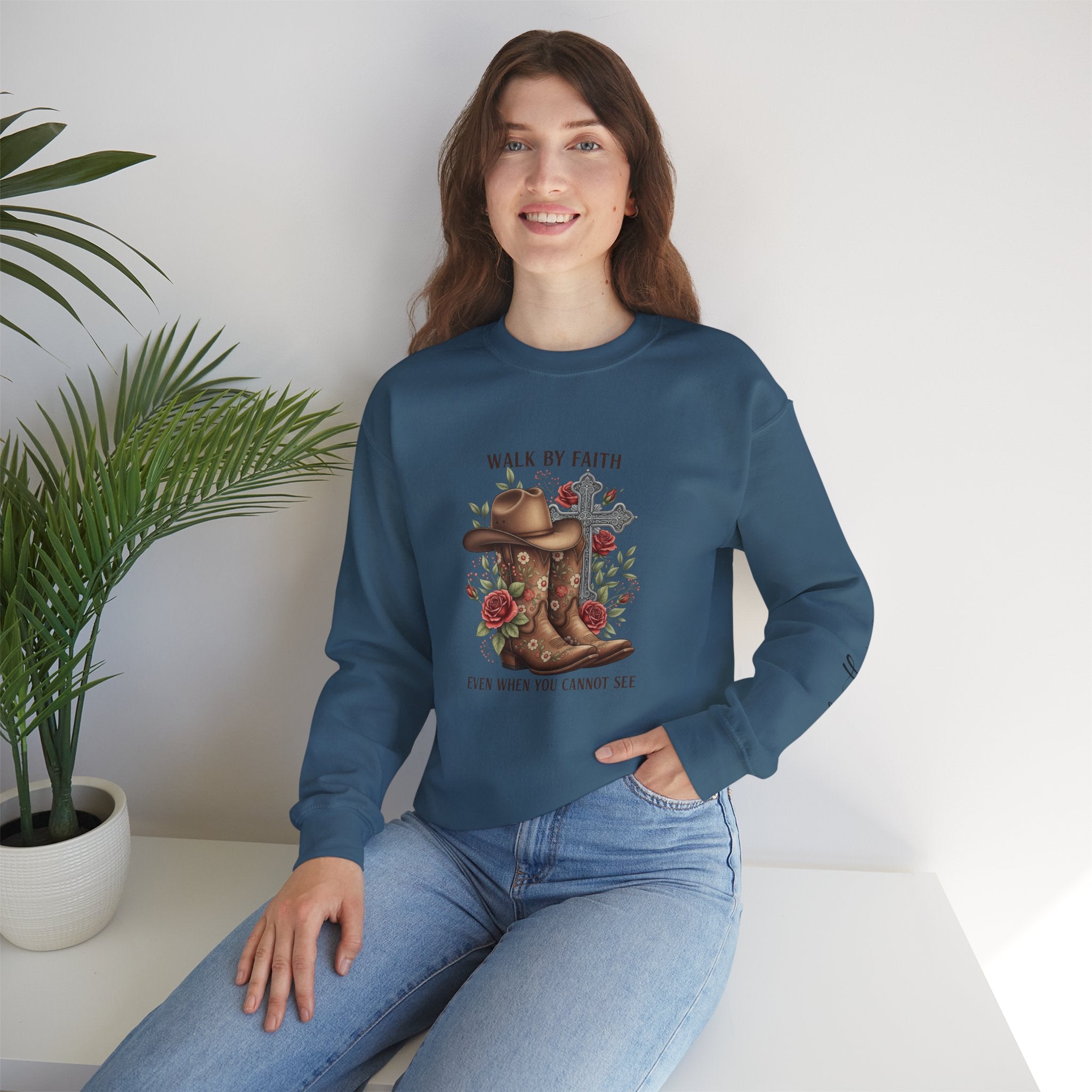 Faith Cowboy Boots Sweatshirt — "Walk by Faith, Even When You Cannot See" Christian Crewneck
