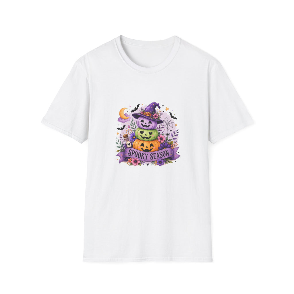 Spooky Season Pumpkin Stack T-Shirt — Cute Halloween Gift for Women Witch Hat Tee