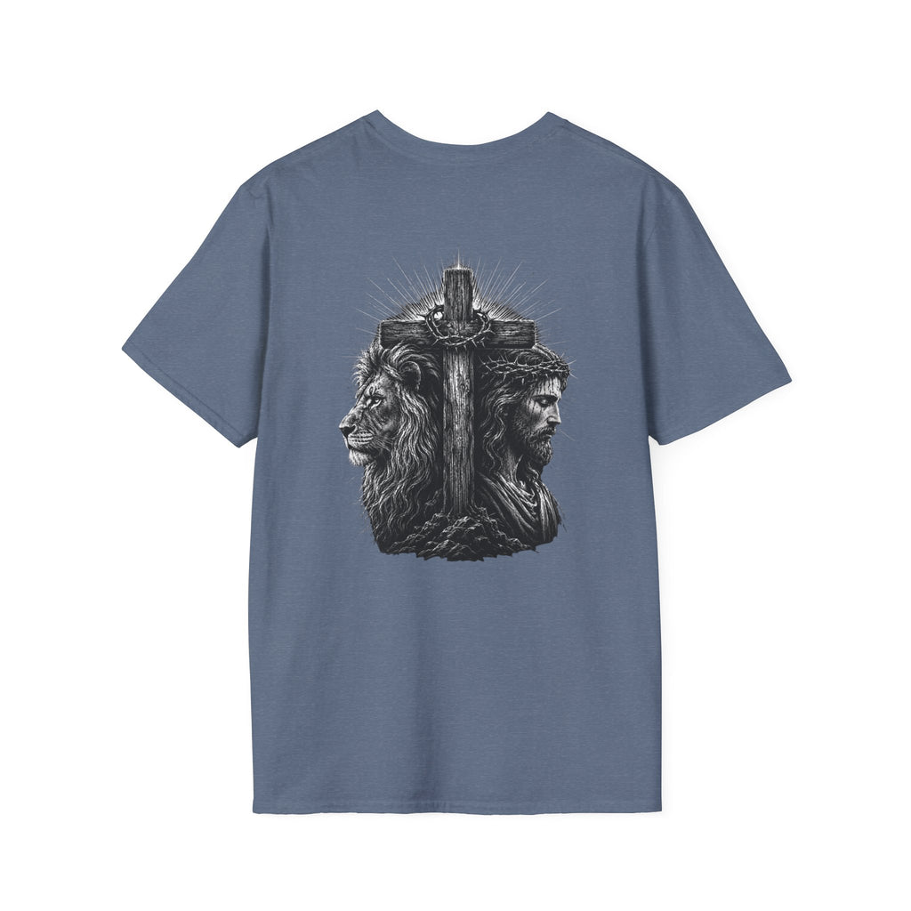 Cross Lion and Jesus Back Print T-Shirt — Wood Cross Chest Christian Faith Graphic