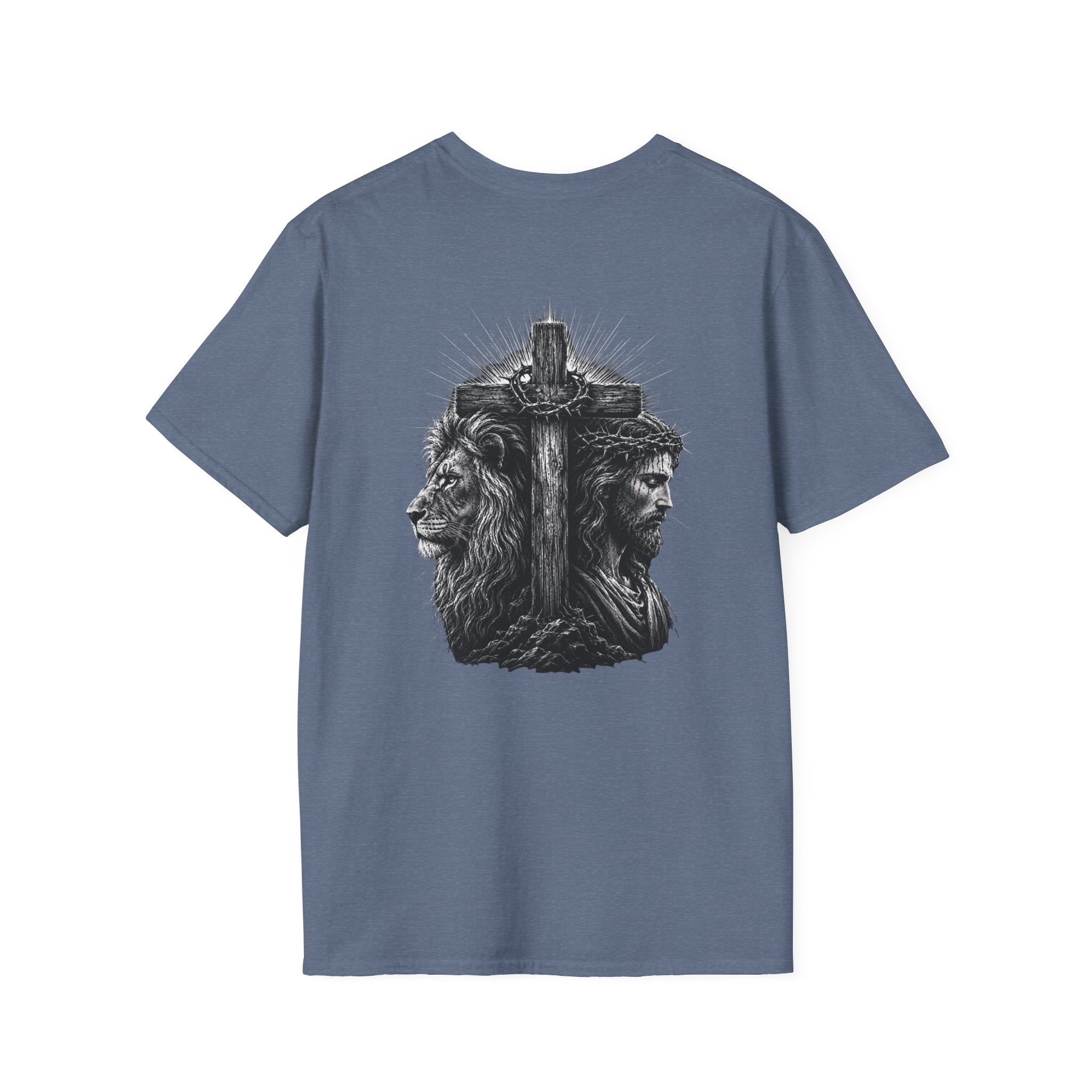 Cross Lion and Jesus Back Print T-Shirt — Wood Cross Chest Christian Faith Graphic