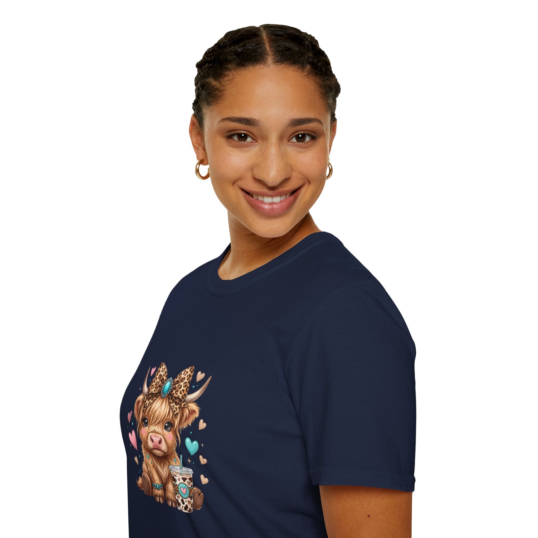 Highland Cow Leopard Bow T-Shirt — Cute Funny Gift for Her Hearts Graphic Tee