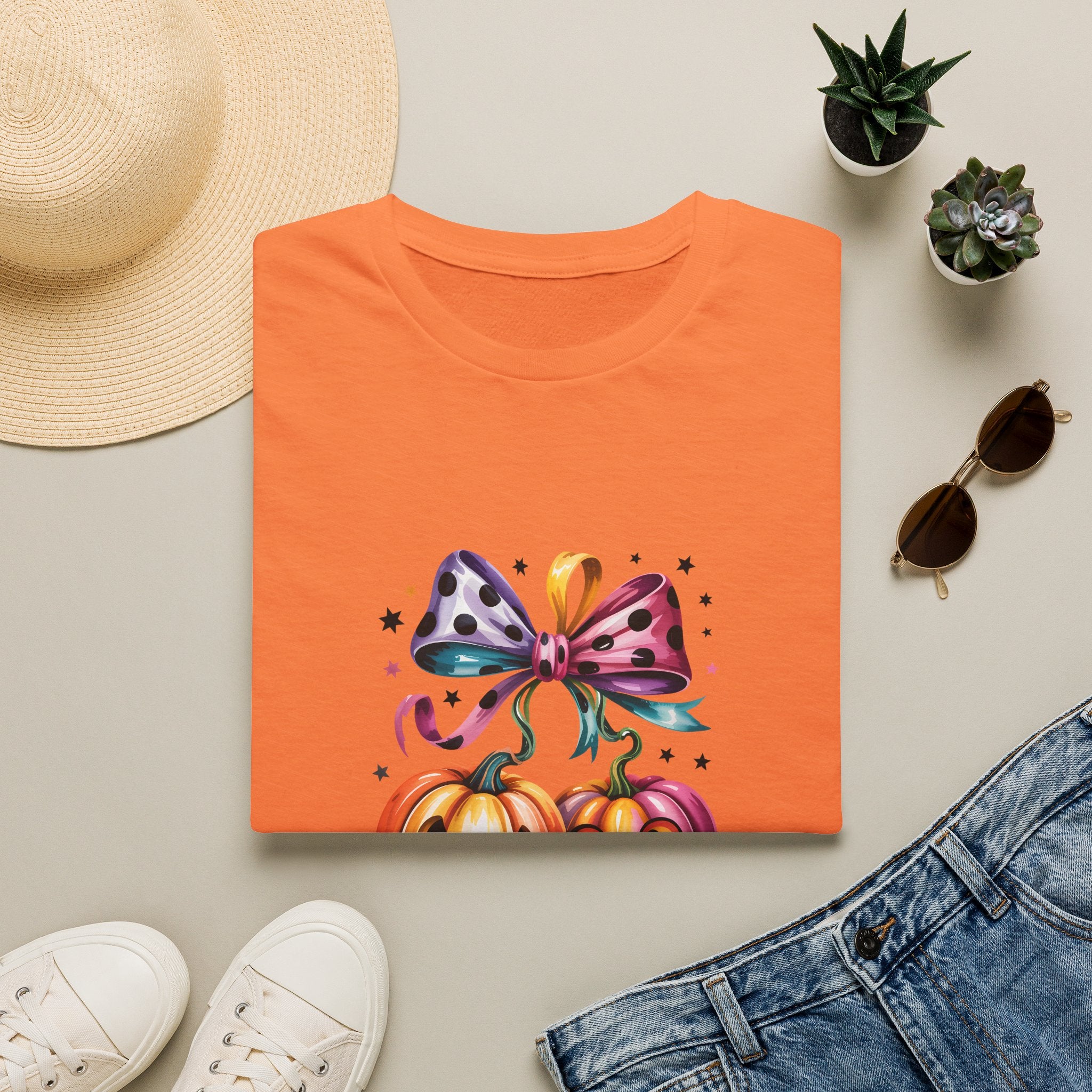 Halloween Pumpkin Bow T-Shirt — Cute Colorful Gift for Women Jack-O'-Lantern Tee