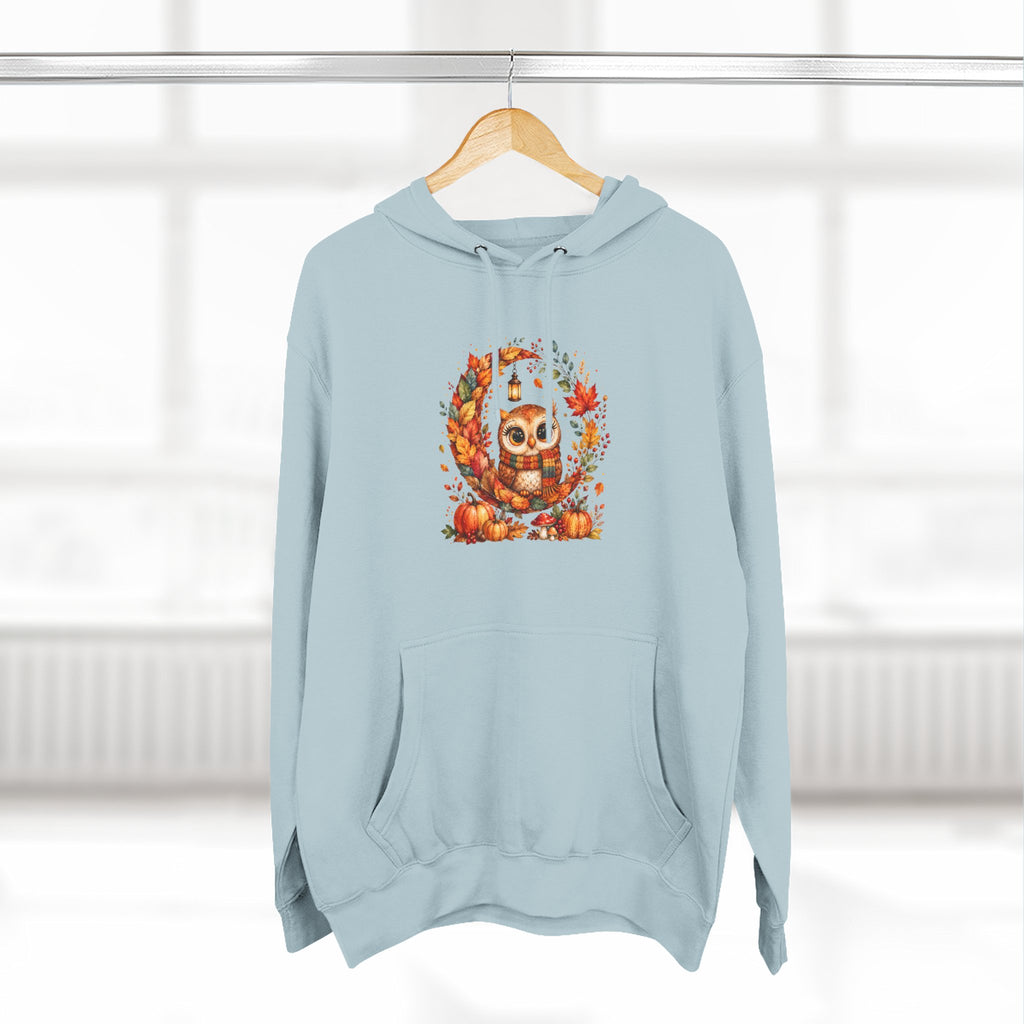 Cozy Autumn Owl Crescent Moon Embroidered Hoodie